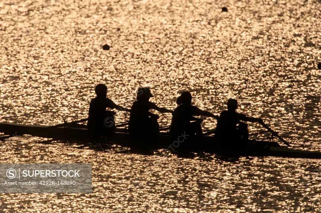 Silhouette of women's fours rowing team in action