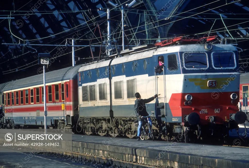 Italy, Lombardy, Milan, train stationed at the Central Train Station