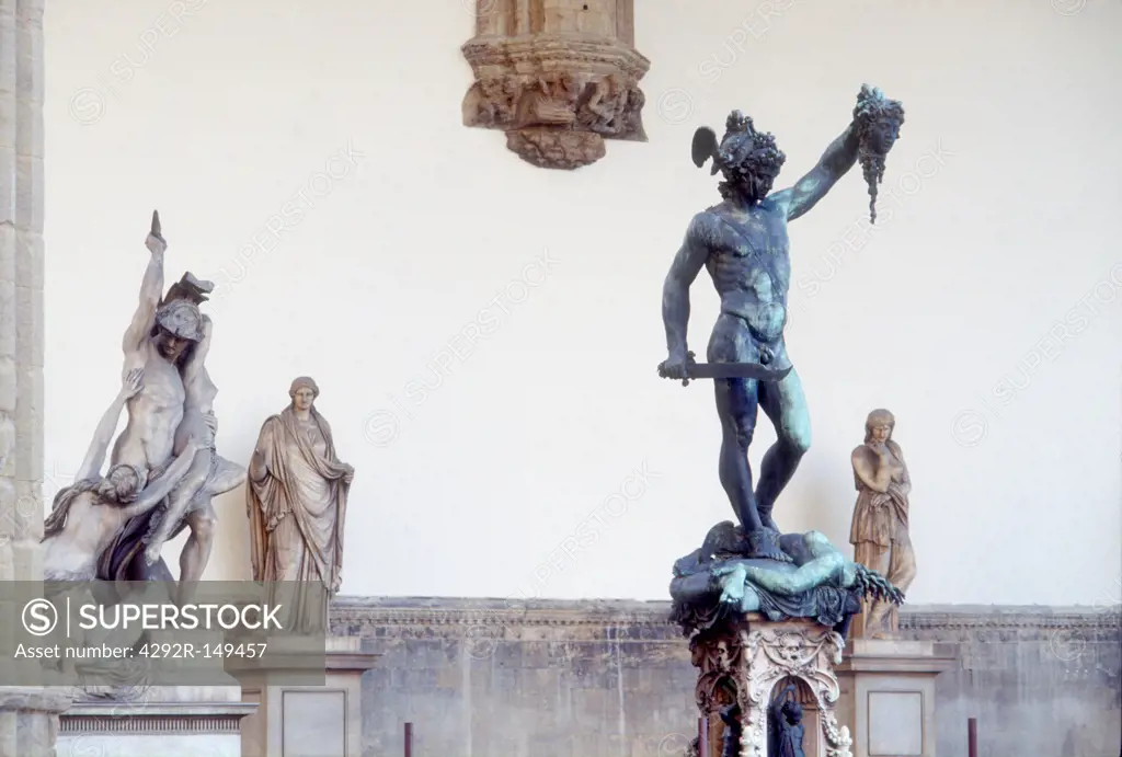 Italy, Tuscany, Florence, Piazza della Signoria, Loggia dei Lanzi, Cellini bronze statue of Perseus