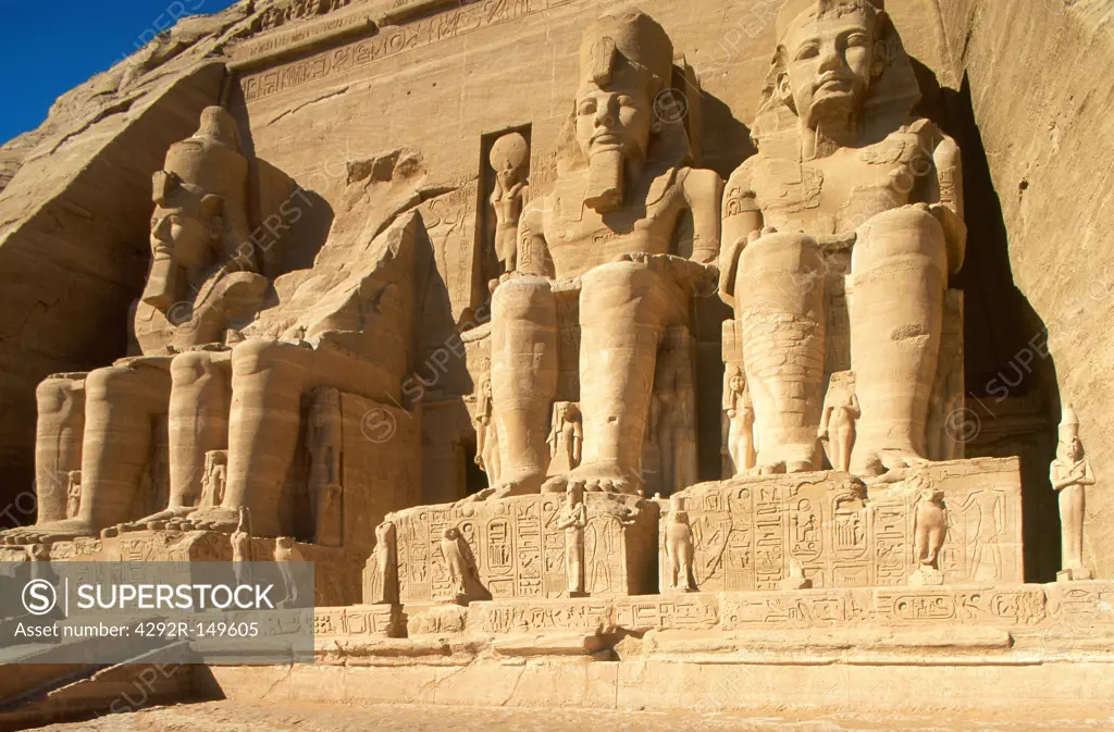 Africa, Egypt, Abu Simbel, Great Temple of Rameses II, the four statues of Ramesses II at the temple's gate