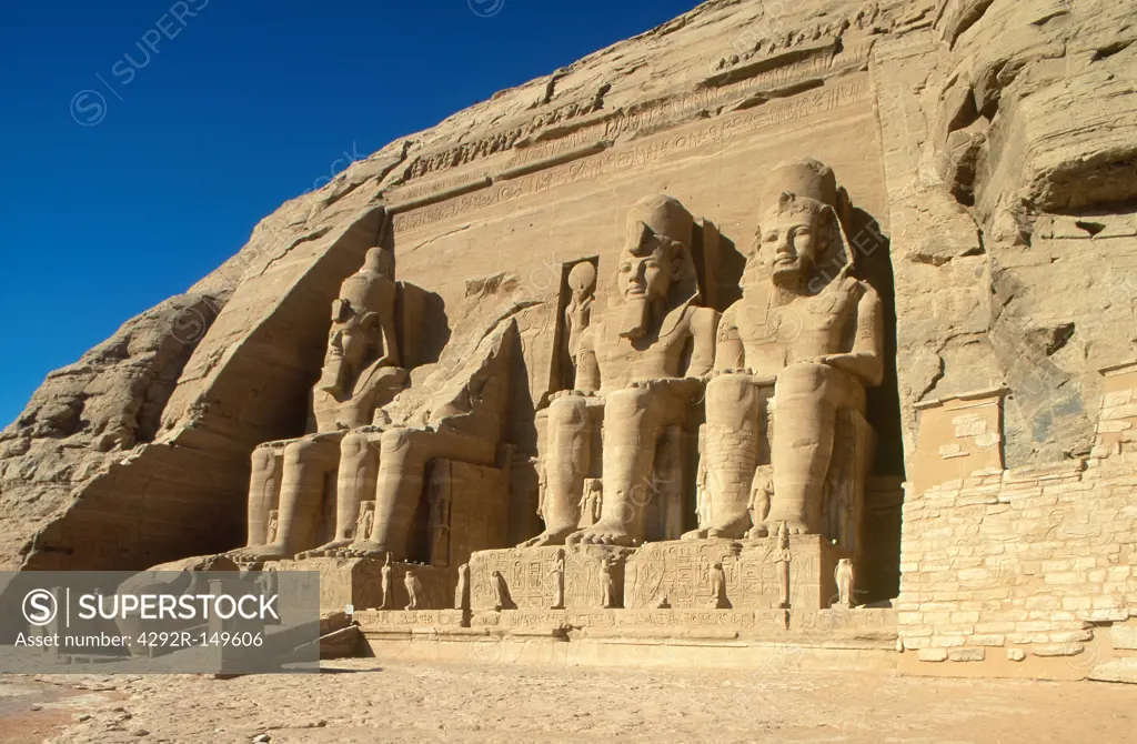 Africa, Egypt, Abu Simbel, Great Temple of Rameses II, the four statues of Ramesses II at the temple's gate