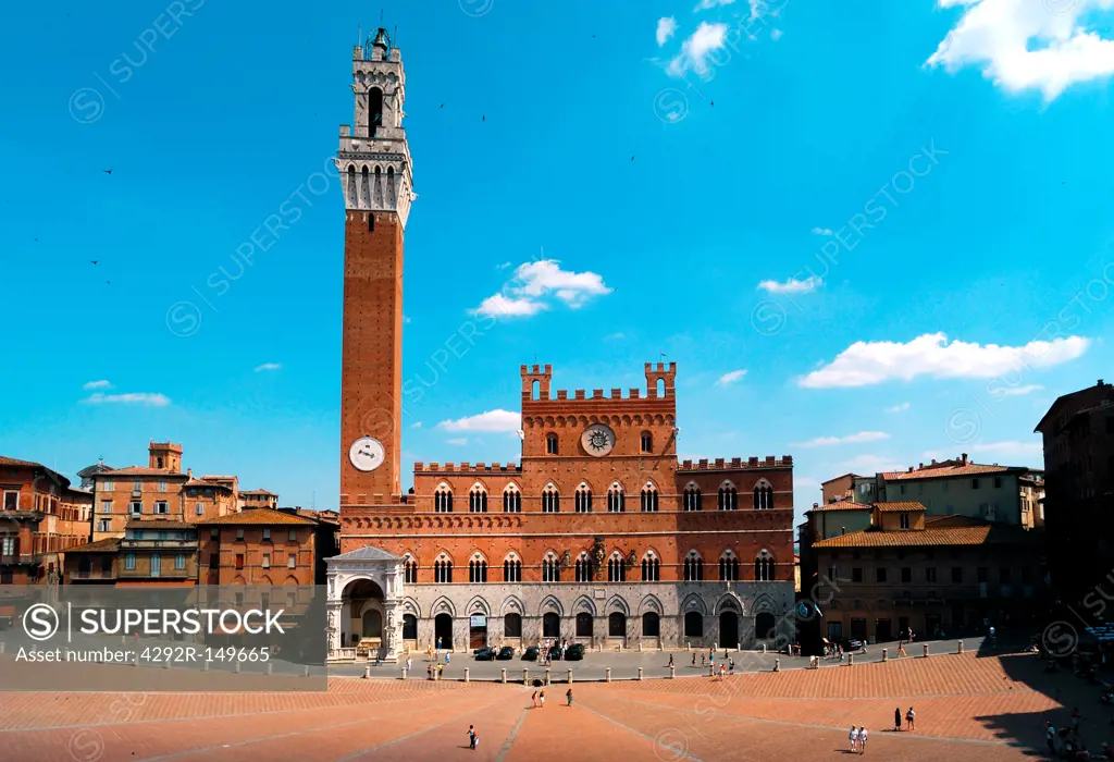 Italy,Tuscany,Siena,Campo square, Mangia Tower, Municipality Palace