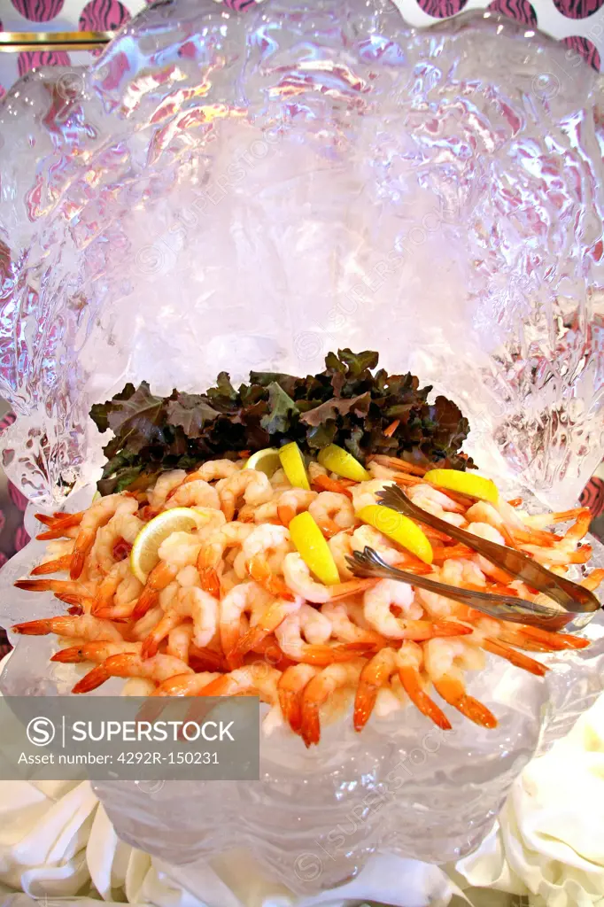 Raw shrimps in ice shell