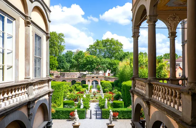 Lucca, Italy, The garden of the Pfanner palace seen from the loggia