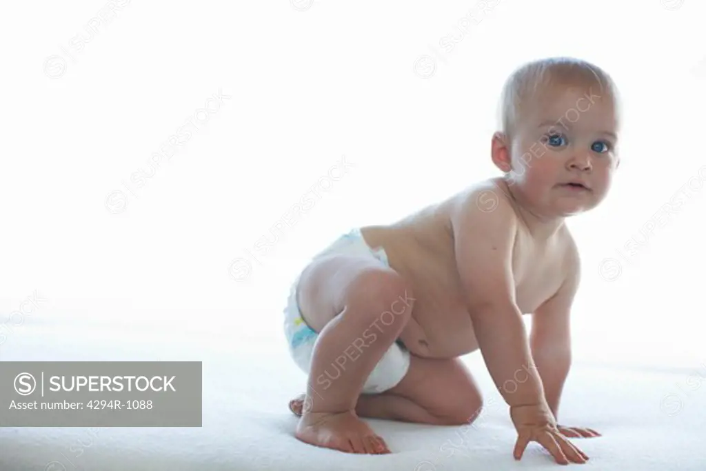 Baby boy in diaper crawling