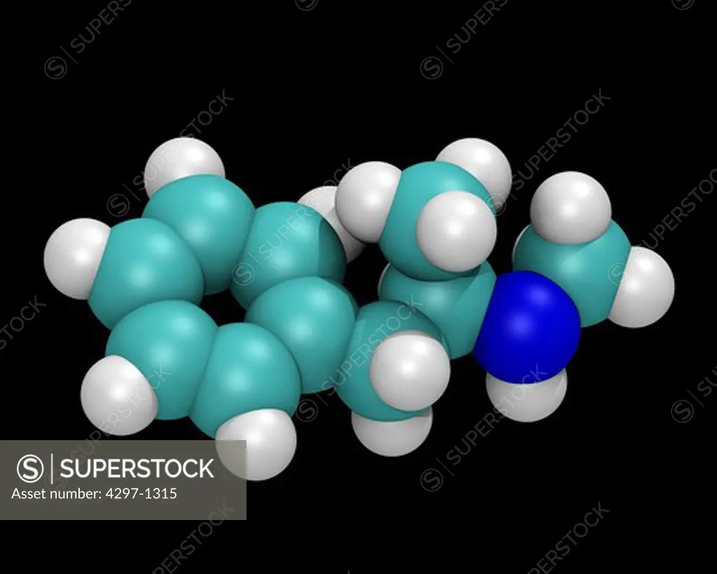 Computer generated three-dimensional model of Methamphetamine, also known as methylamphetamine, N-methylamphetamine, desoxyephedrine, and colloquially as 'meth' or 'crystal meth'