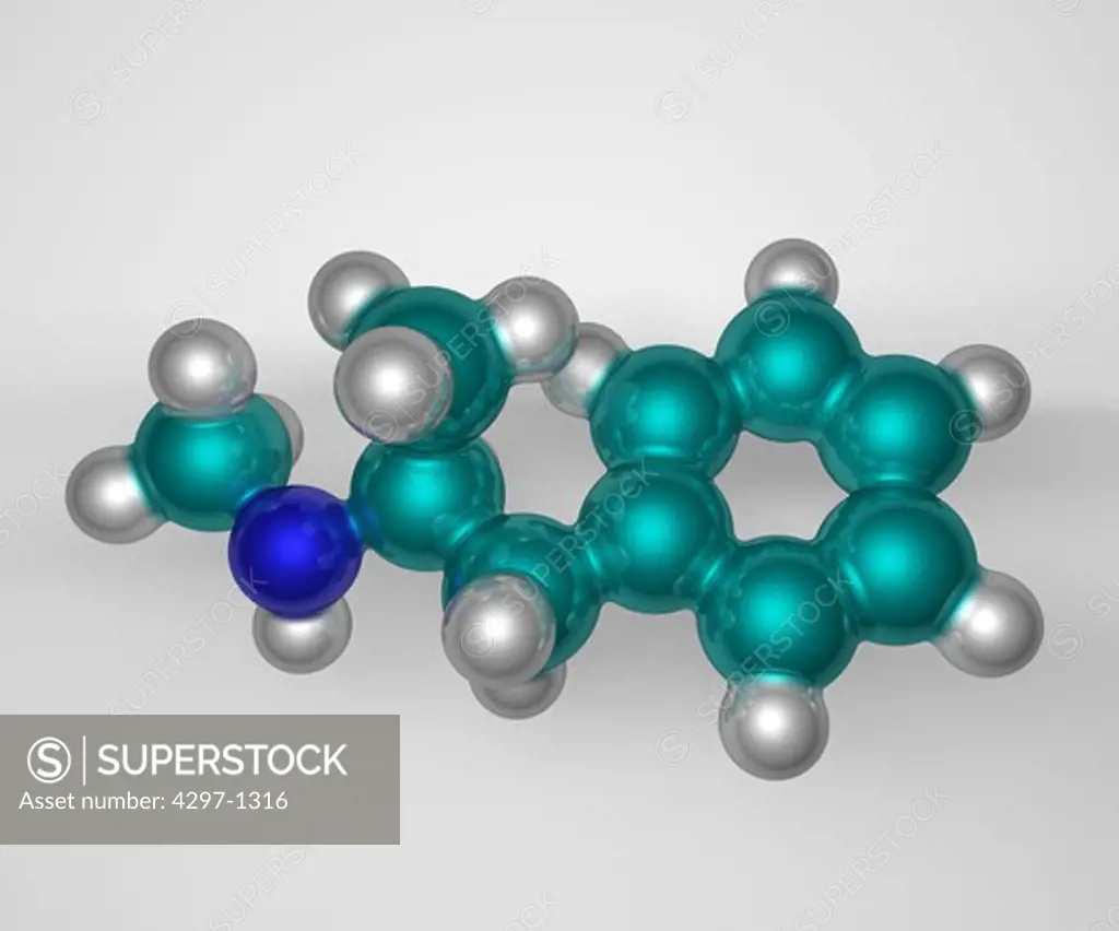 Computer generated three-dimensional model of Methamphetamine, also known as methylamphetamine, N-methylamphetamine, desoxyephedrine, and colloquially as 'meth' or 'crystal meth'