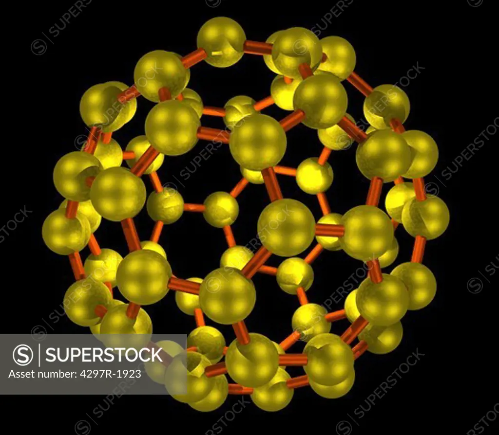 Molecular model of a buckyball, also known as buckminsterfullerene, a molecule consisting of 60 carbon atoms joined in a spherical shape
