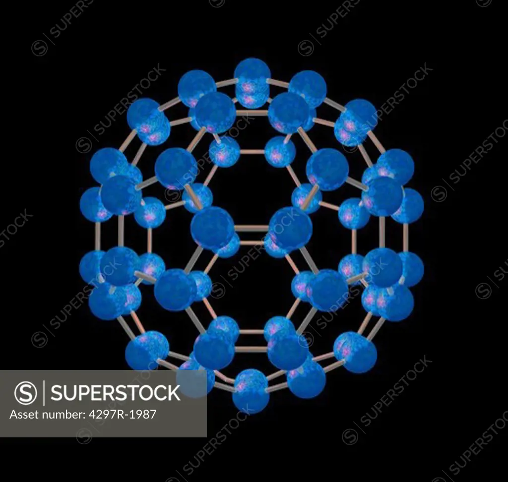 Molecular model of a buckyball, also known as buckminsterfullerene, a molecule consisting of 60 carbon atoms joined in a spherical shape
