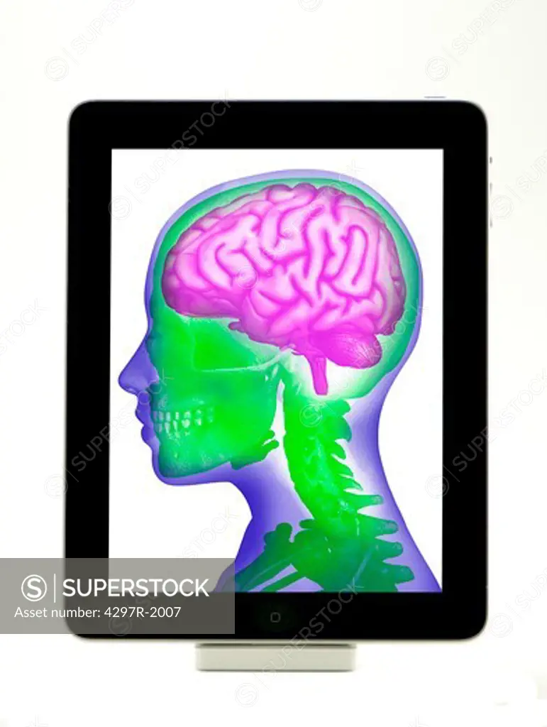 Digital tablet showing an illustration of the human brain