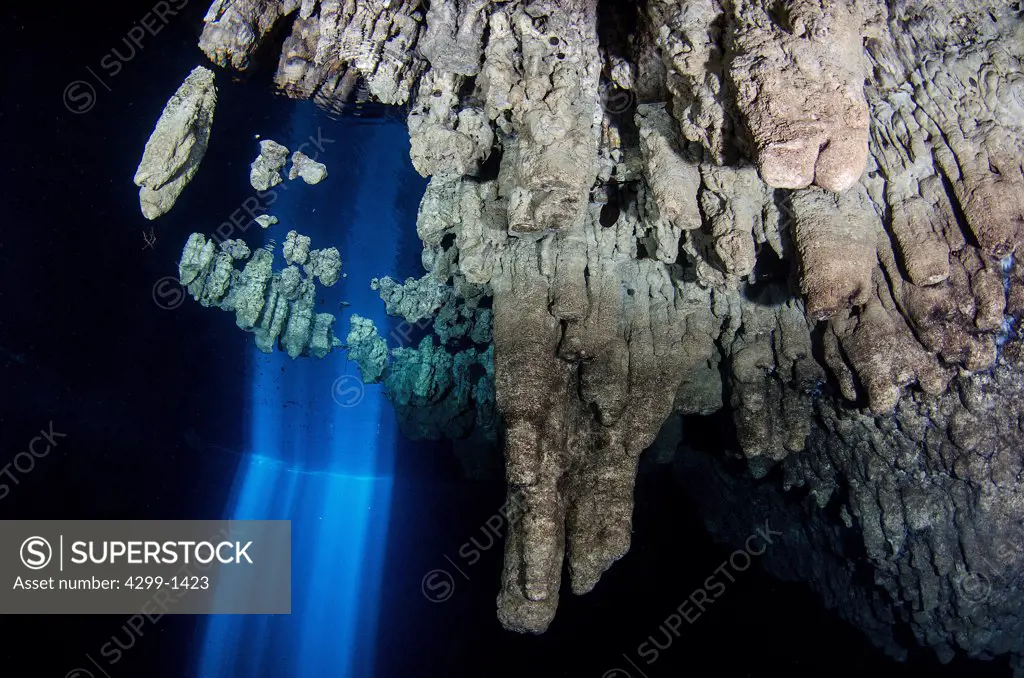 Mexico, Puerto Morelos, Underwater stalactites formations in cenote