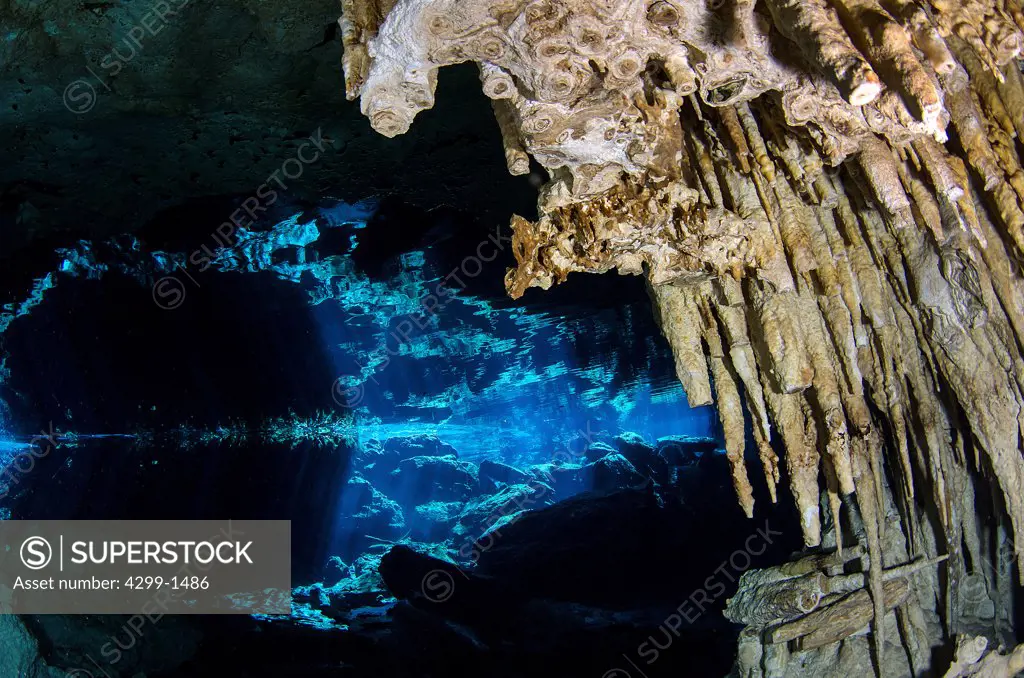 Mexico, Riviera Maya, Cenote Chac-Mool, Stalactites in cave and cavern entrance on background