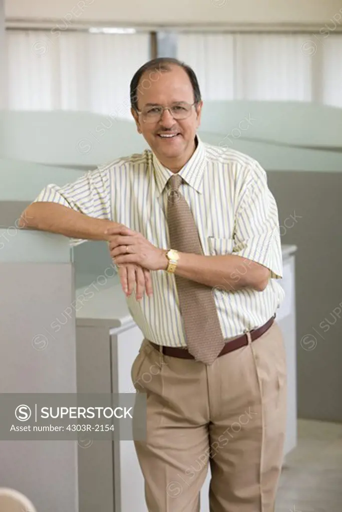 Businessman standing by the cubicle, looking at the camera