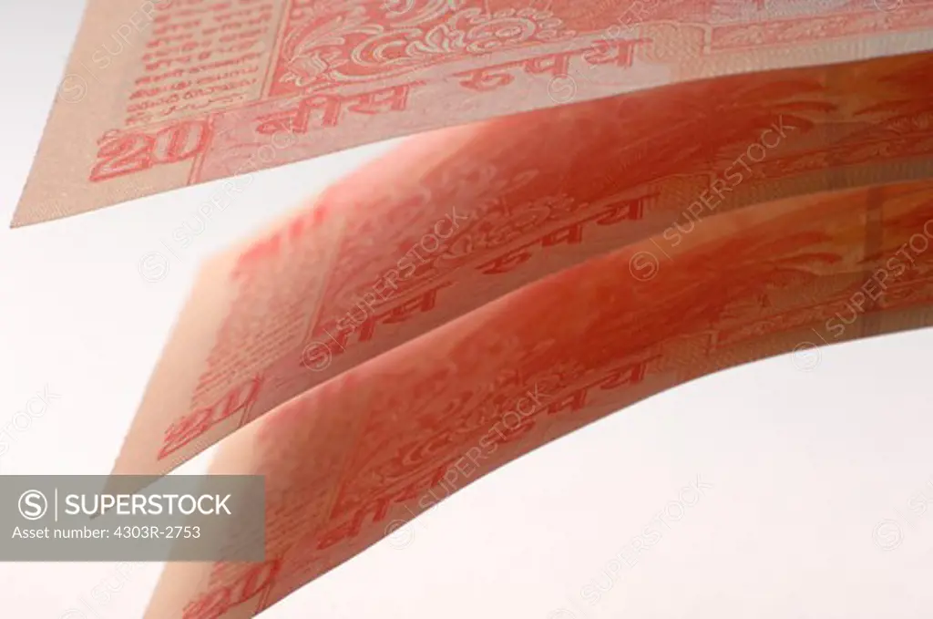 Close-up of twenty indian rupee banknotes