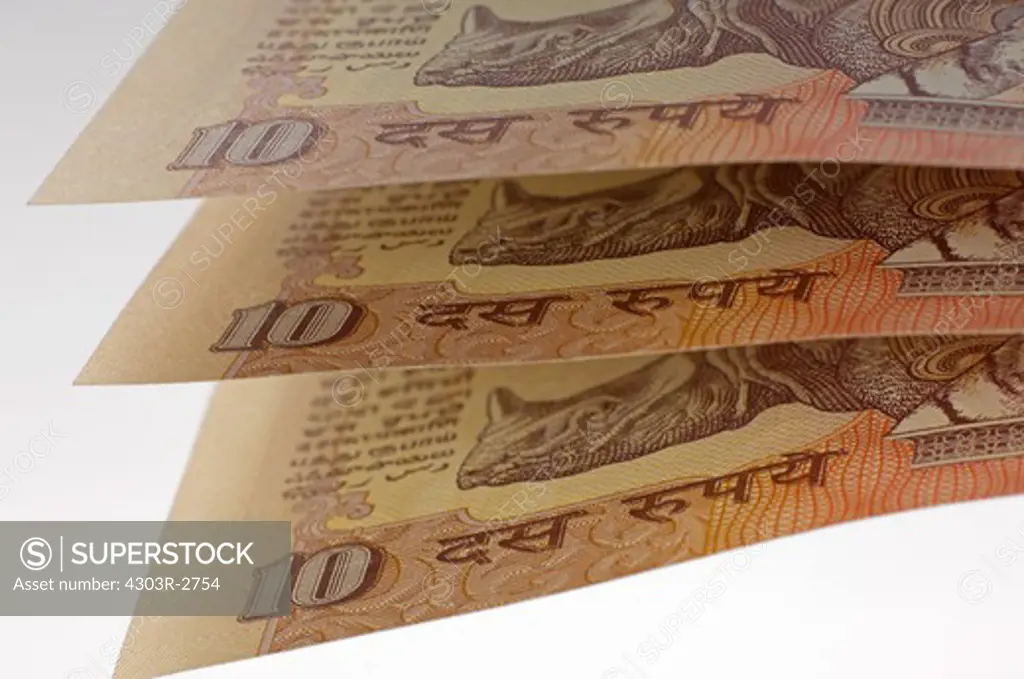 Close-up of ten indian rupee banknotes