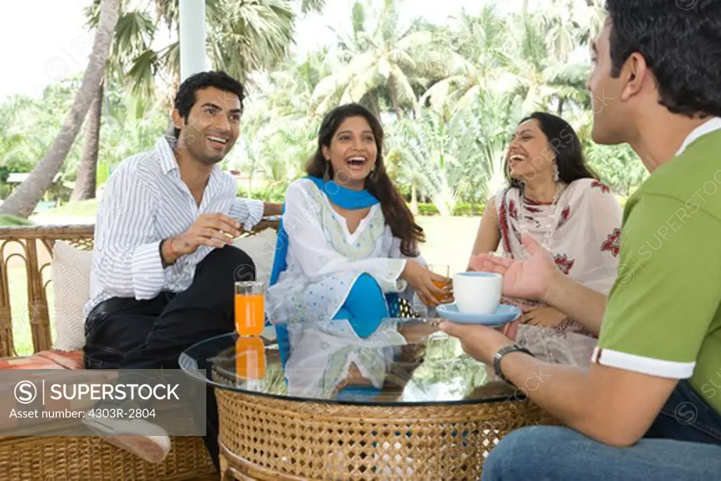 Four people talking in the garden