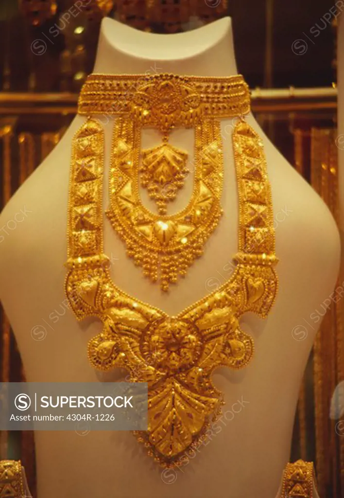 Gold jewelry in a shop in the gold souk in Dubai