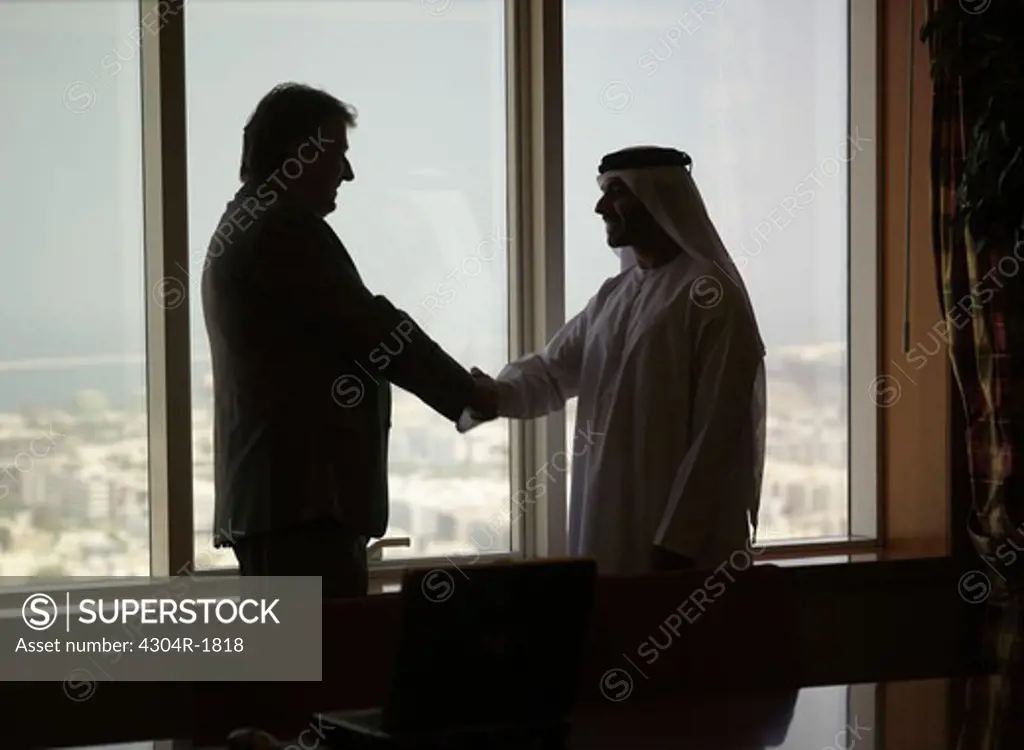Businesspersons shaking hands in a conference room