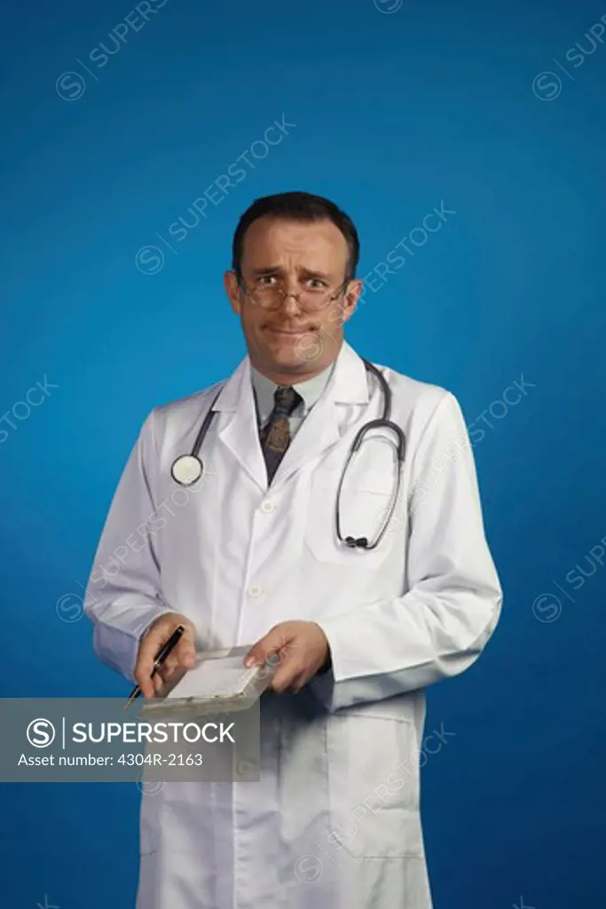 An Optimistic doctor with a log book looking at camera.