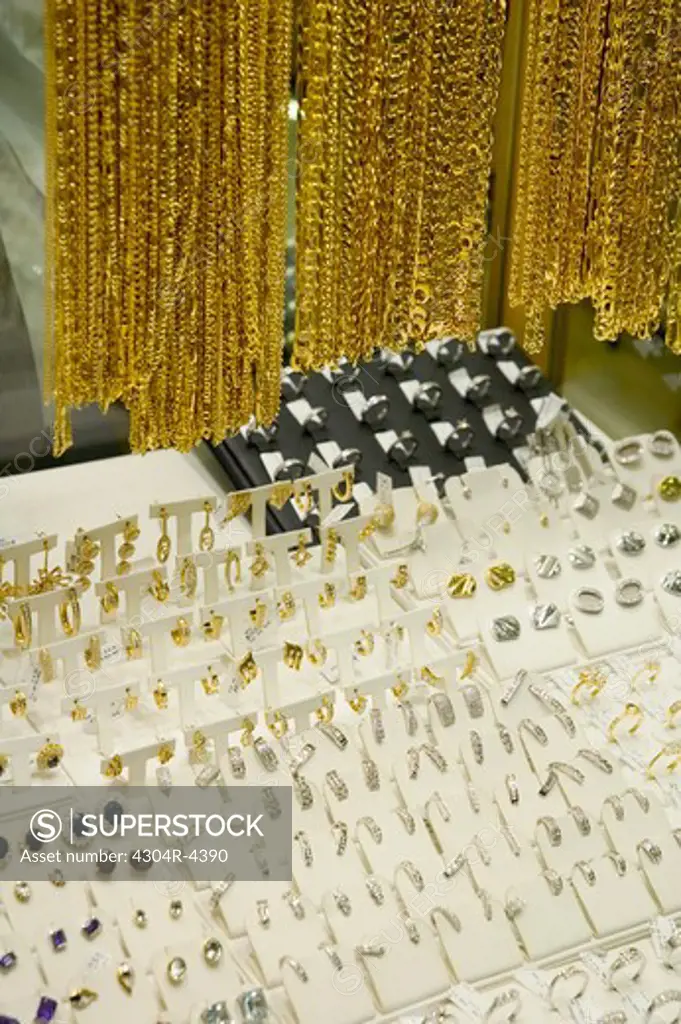 View of a gold jewelry seen from the store