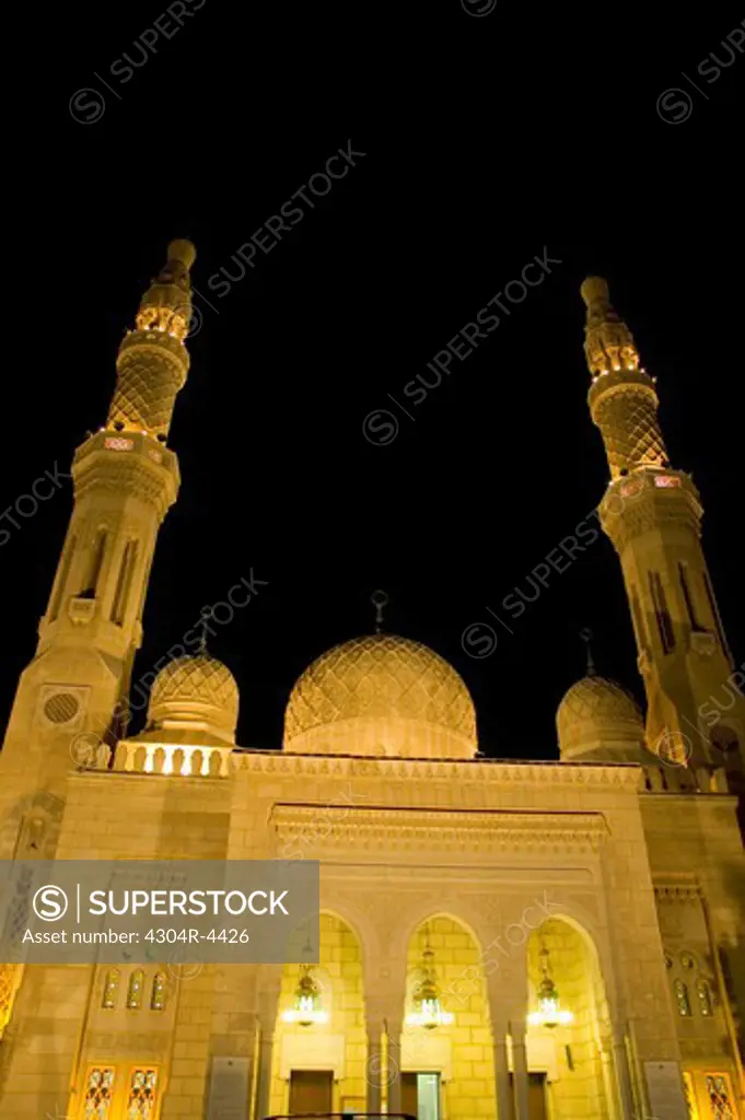 Illuminated view of the mosque seen during at night