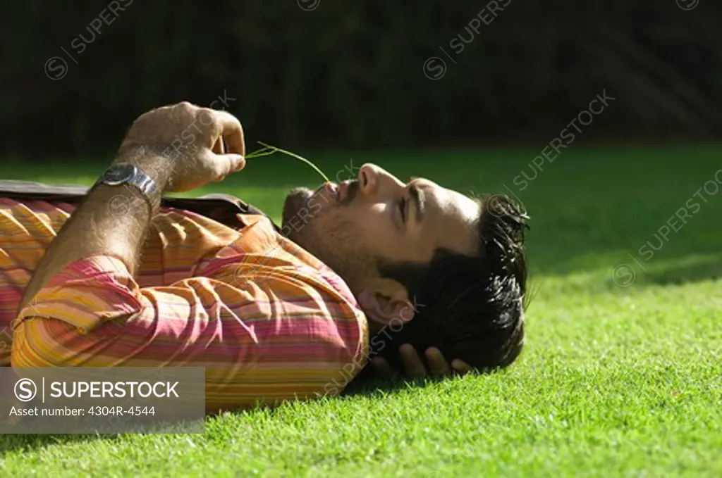 Young businessman lying on green grass relaxing