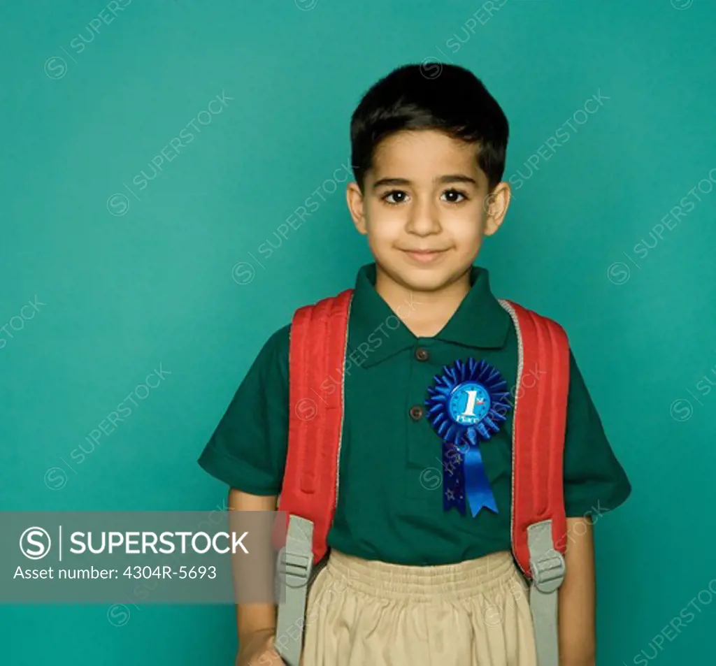 Boy (8-9 years) ready for school, portrait