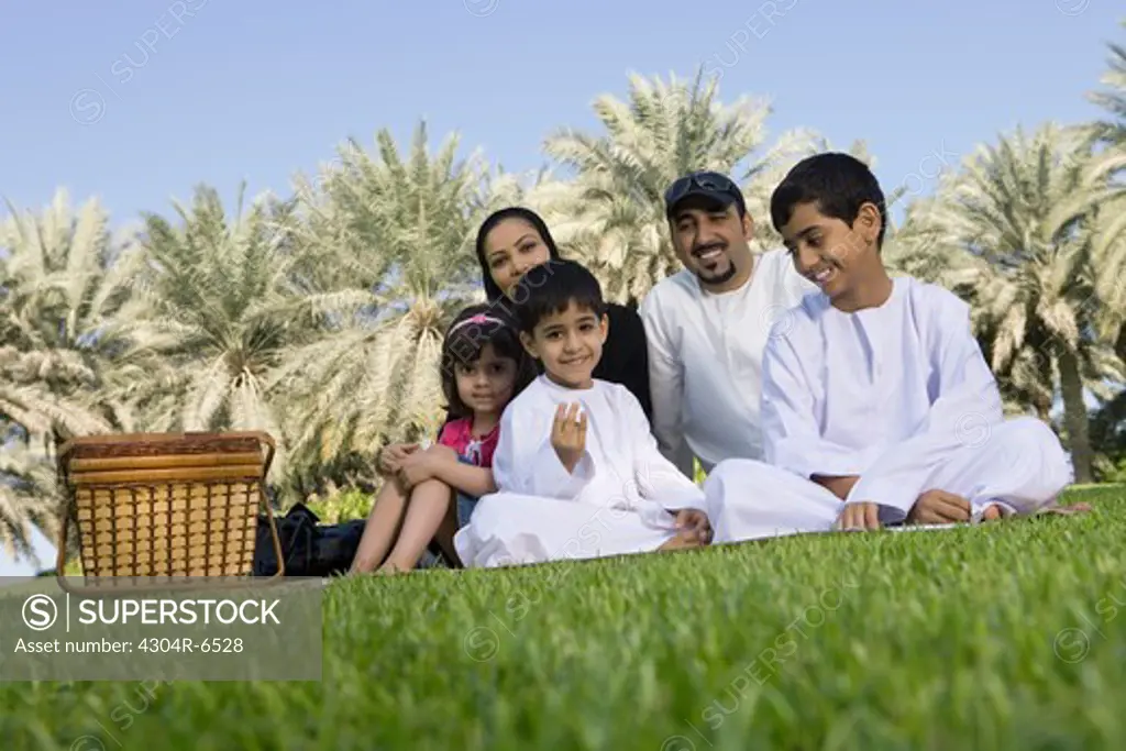 Family having picnic at park, smiling