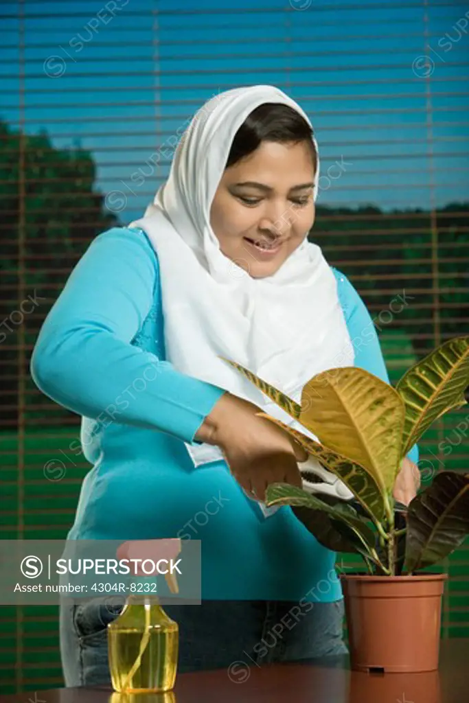 Mid adult woman with potted plant.
