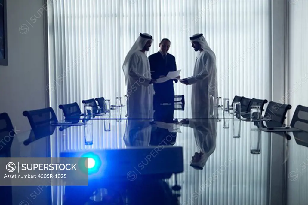 Three businessmen with documents having a meeting in a conference room.