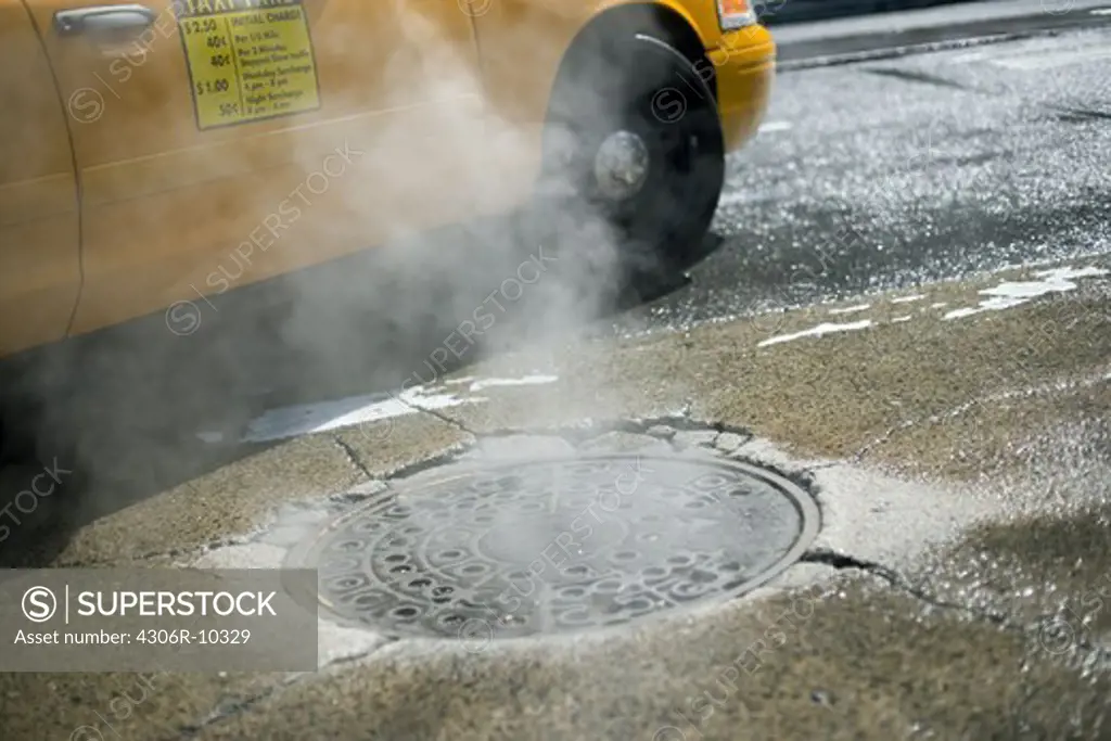 Steam on a street in New York.