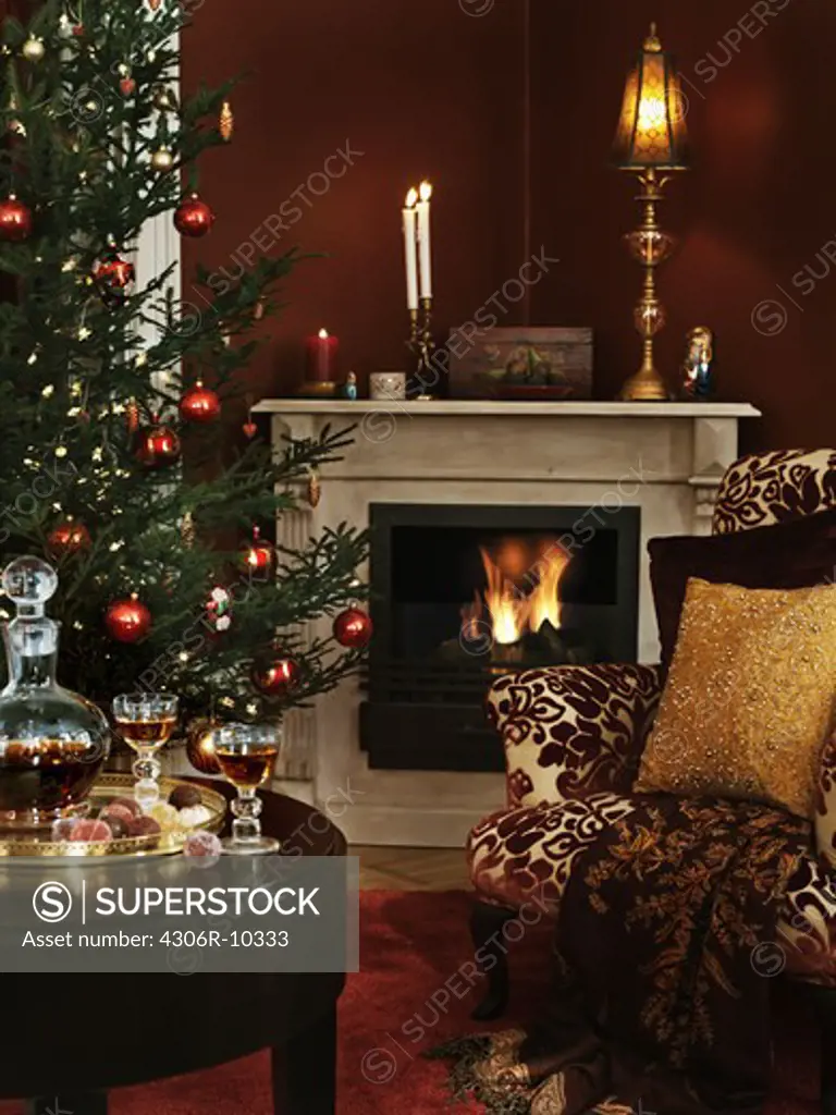 Living room with a fireplace and a Christmas tree.