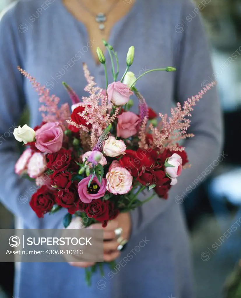 Bouquet of roses, astilbe, veronica longifolias and prairie gentian, Sweden.