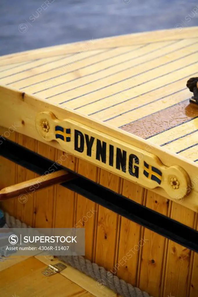 A name sign on a wooden boat, Sweden.
