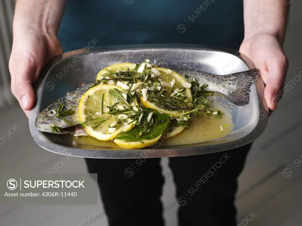 A fish dish with lemon.