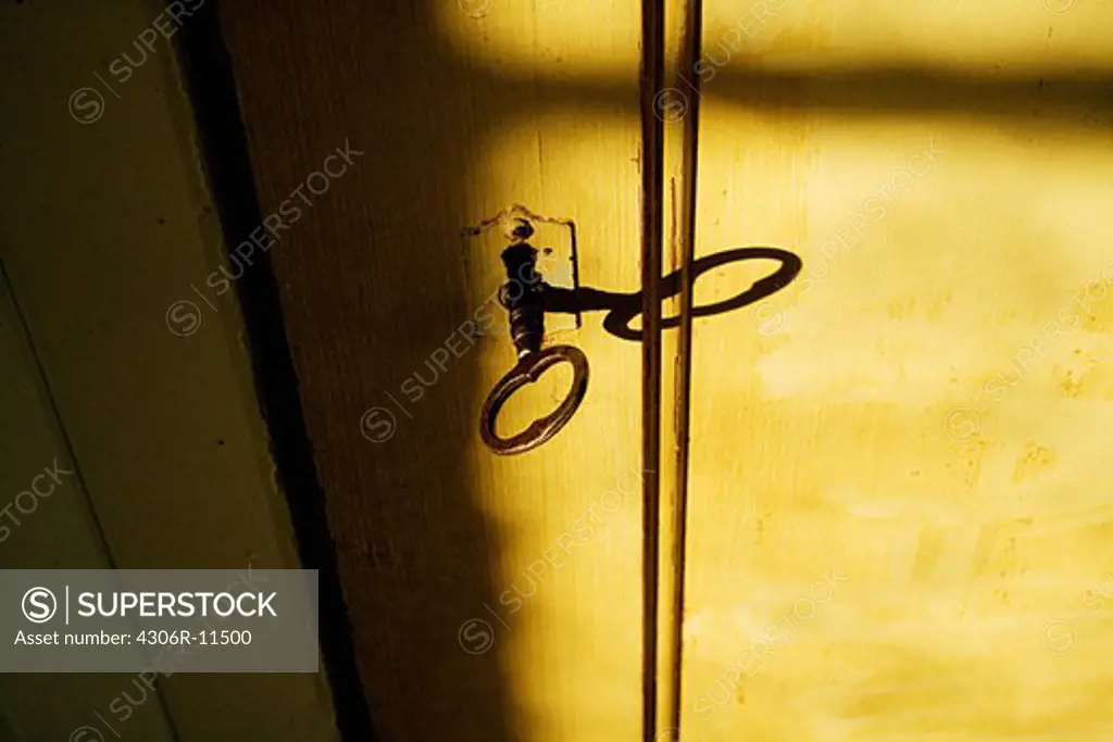 A key in a door, close-up, Sweden.