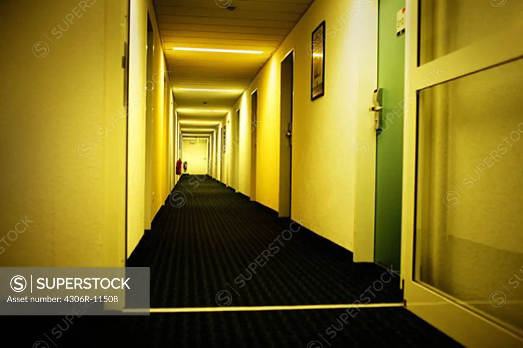 An empty corridor in a hotel, Hamburg, Germany.