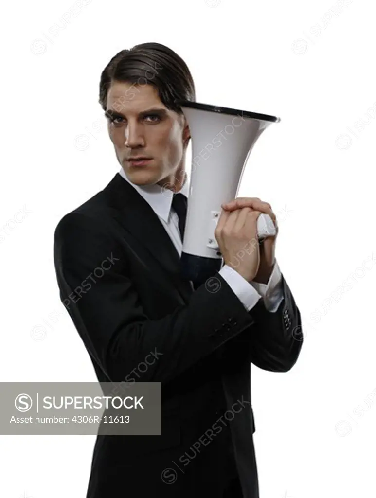 A business man with a megaphone, Sweden.