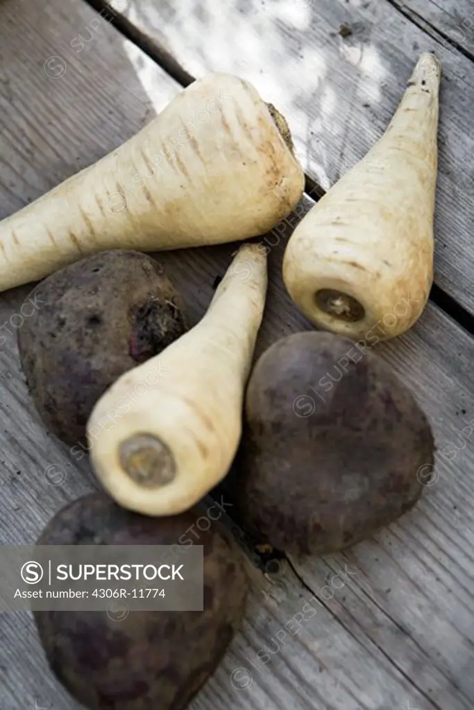 Beetroots and parsnip, close-up.