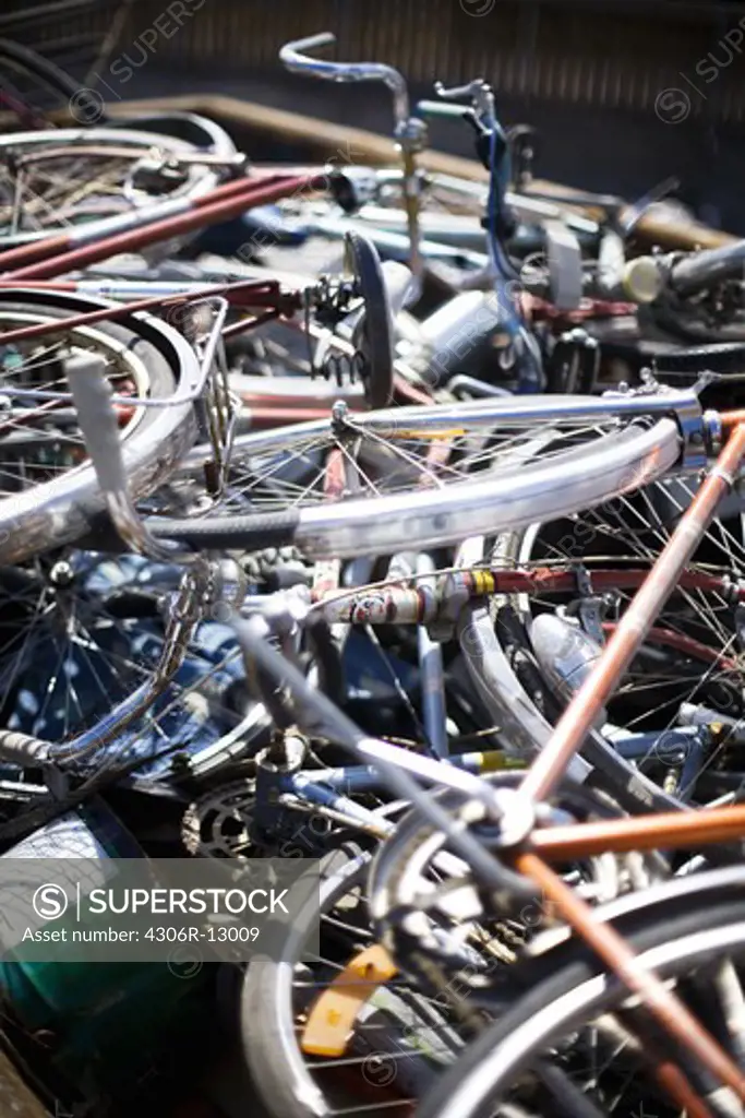 Old bicycles on a recycling plant, Stockholm, Sweden.