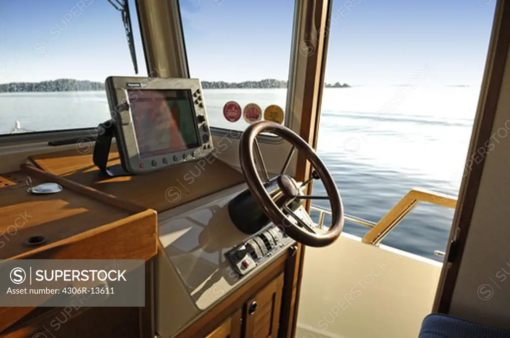 Driver seat on a boat, Sweden.