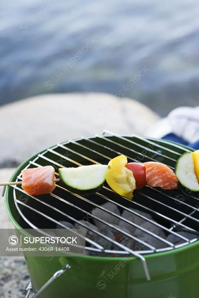 Skewers on a grill, Sweden.