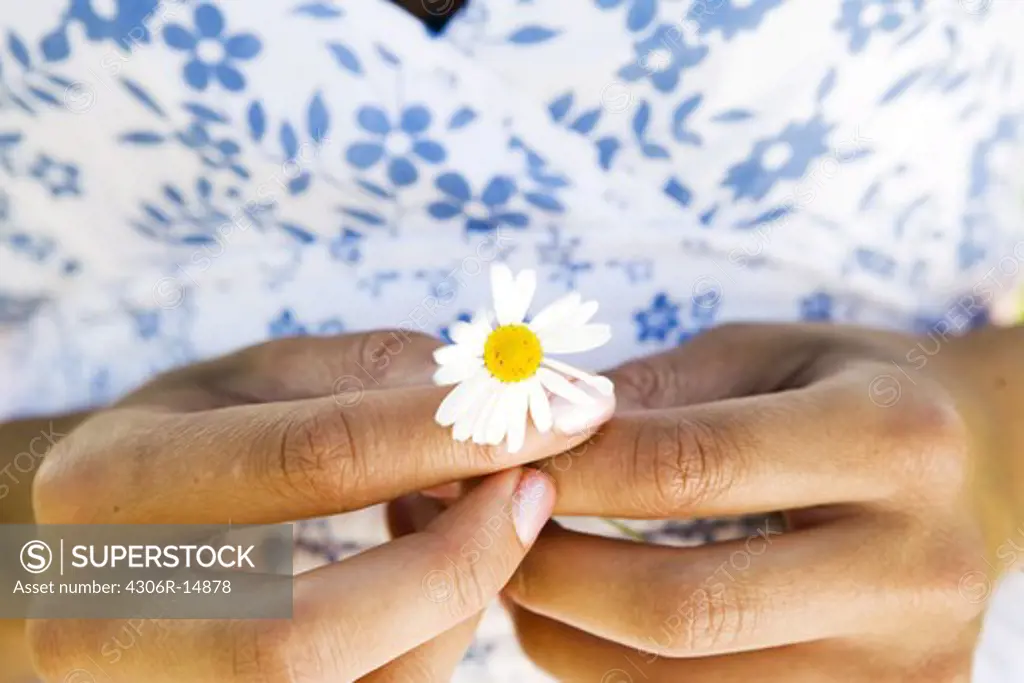 A woman with an oxeye daisy, Sweden.