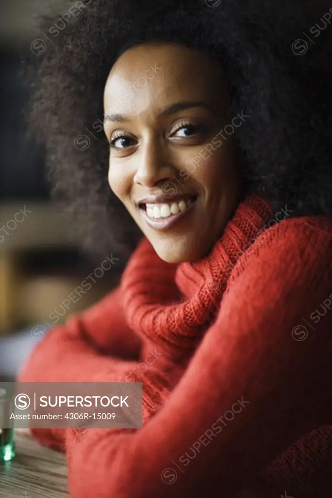 Portrait of a woman wearing a cardigan, Sweden.