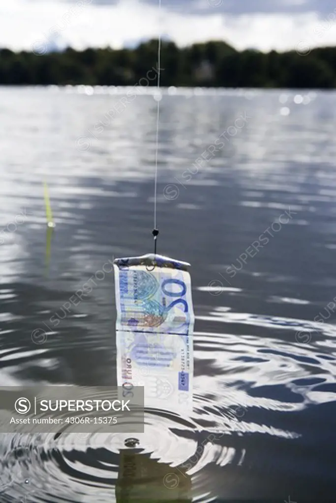 An Euro bill on a fishing hook, Sweden.