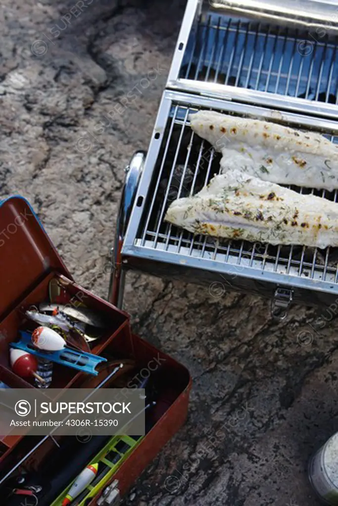 Fish cooking on grill and box with fishing equipments on side
