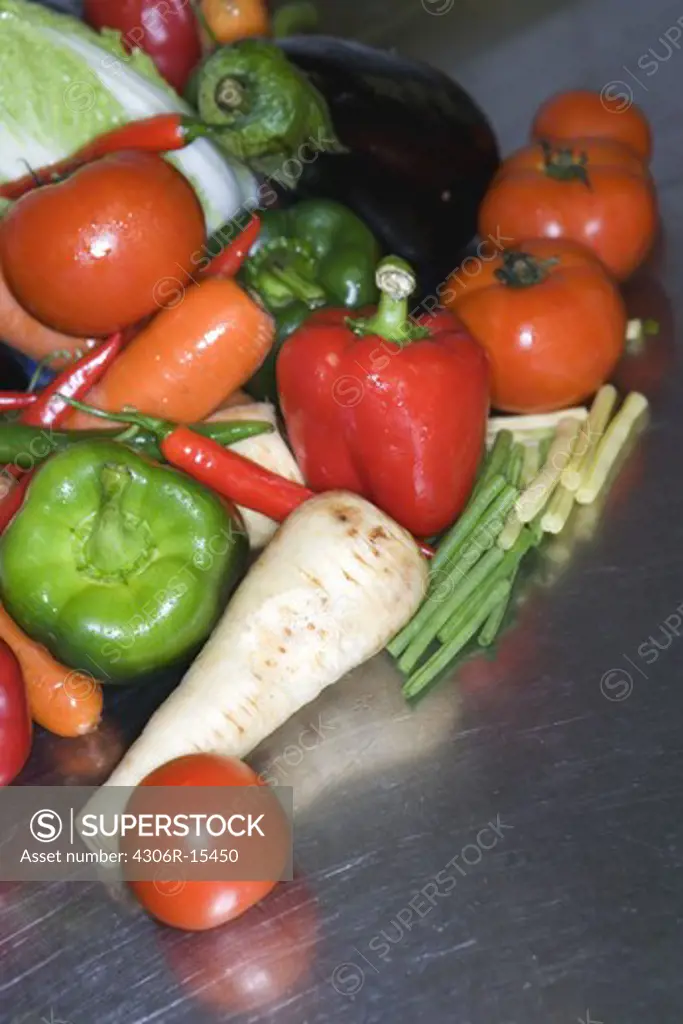 Vegetables in a restaurant kitchen.