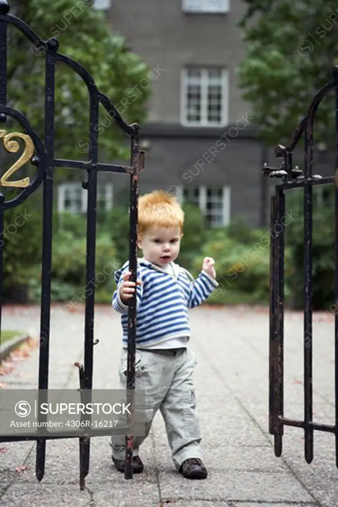 A little boy by a fence, Stockholm, Sweden.