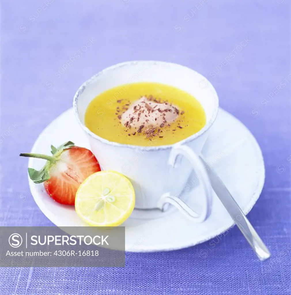 Orange soup with chocolate cream, Sweden.