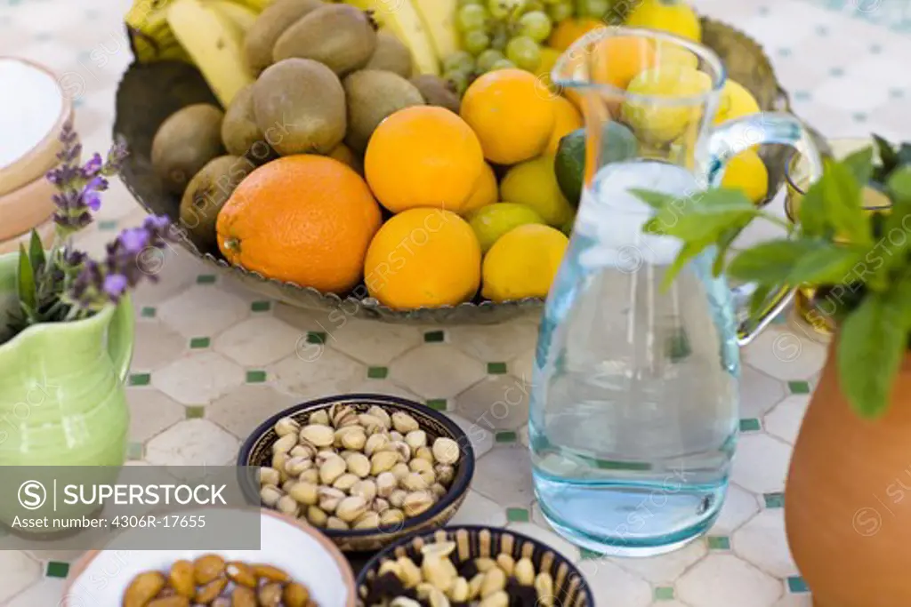Fruit and nuts on a table, Andalusia, Spain.